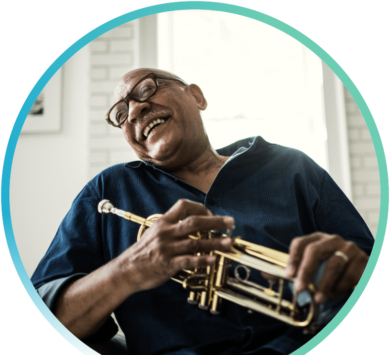 An old man holding a trumpet