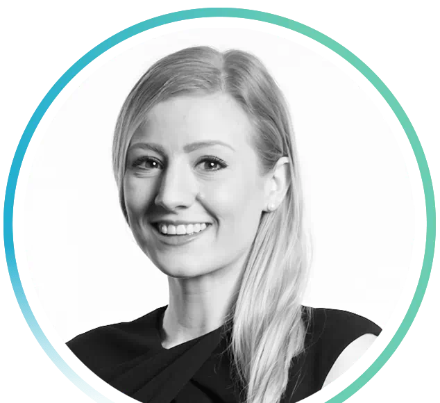Black and white headshot with a circular teal and turquoise gradient border of First Tech Federal Credit Union Insurance Agent, Melissa Mitchell.