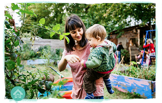 mom with child gardening