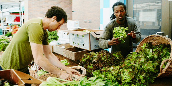 Two men working with produce