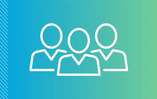 Outline depicting three people overlaid on a blue-green gradient color pattern.